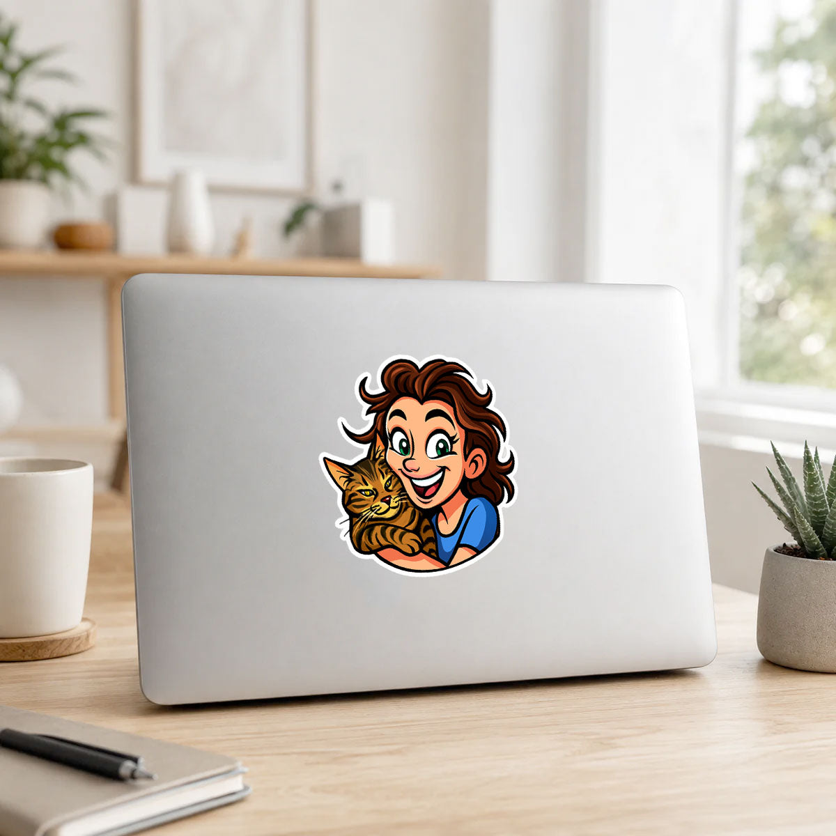 Personalisierter Karikatur-Sticker nach Foto, konturgeschnitten, von aufkleberdrucker.de, zeigt ein humorvolles, handgezeichnetes Charakterbild