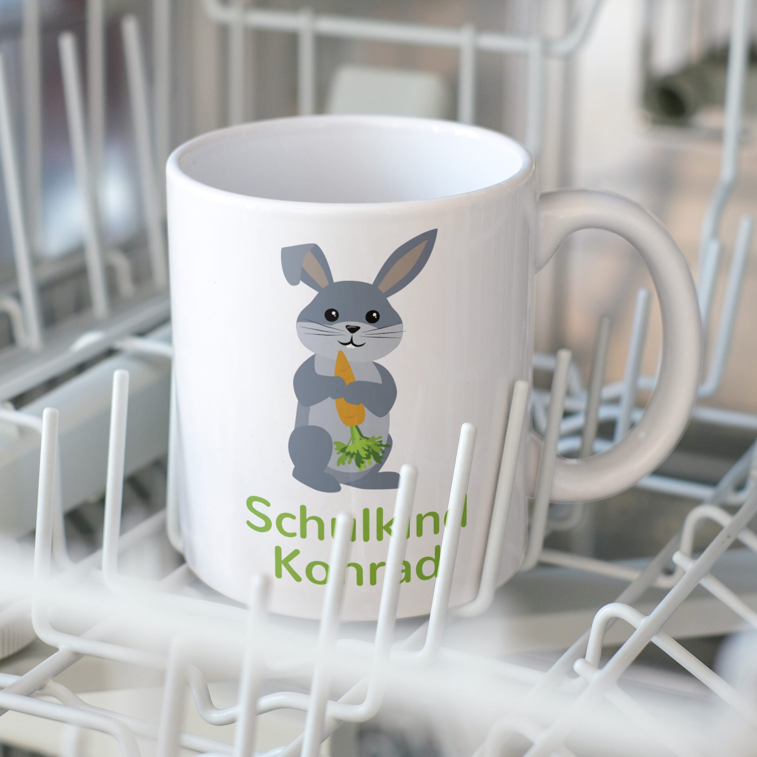 Keramiktasse mit Kindermotiv und individuellem Druck, Hasen-Design, für Kinder, von gravur-fabrik.de
