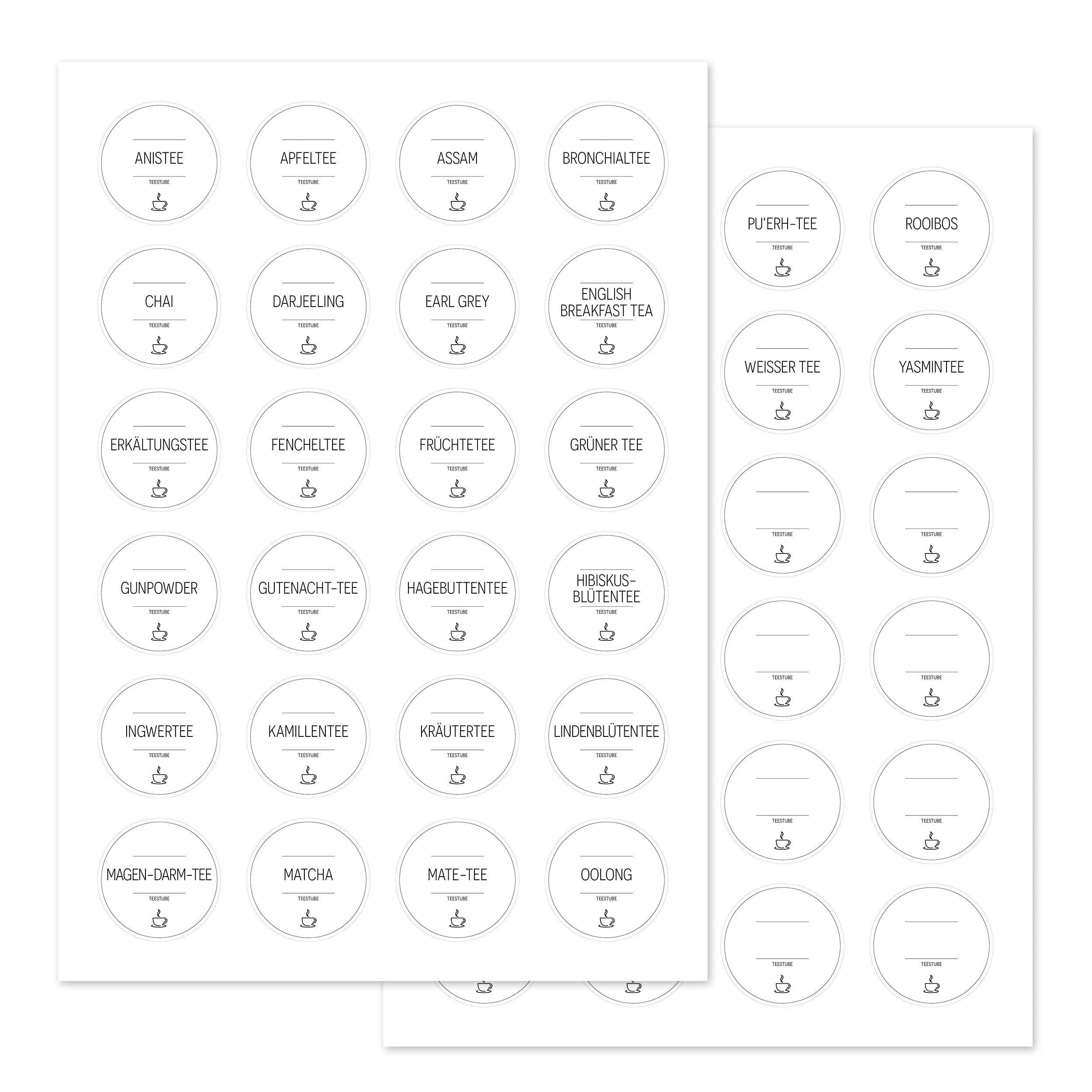 Aufkleber für Teedosen – Tee-Etiketten (Set mit 48 Aufklebern)