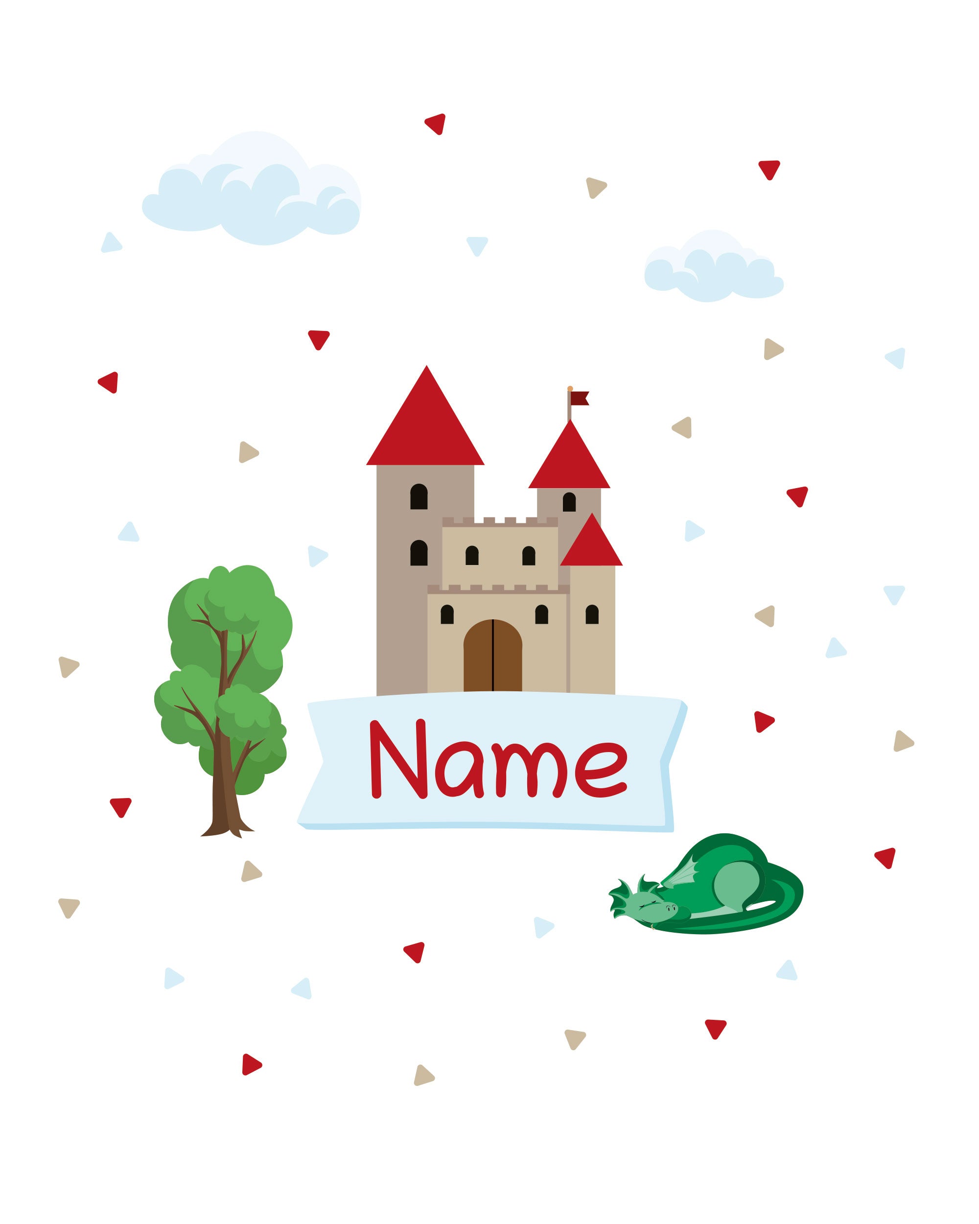 Personalisierbarer Türaufkleber mit Burgmotiv für Kinderzimmer, detailreiche Illustration auf glatter Tür.