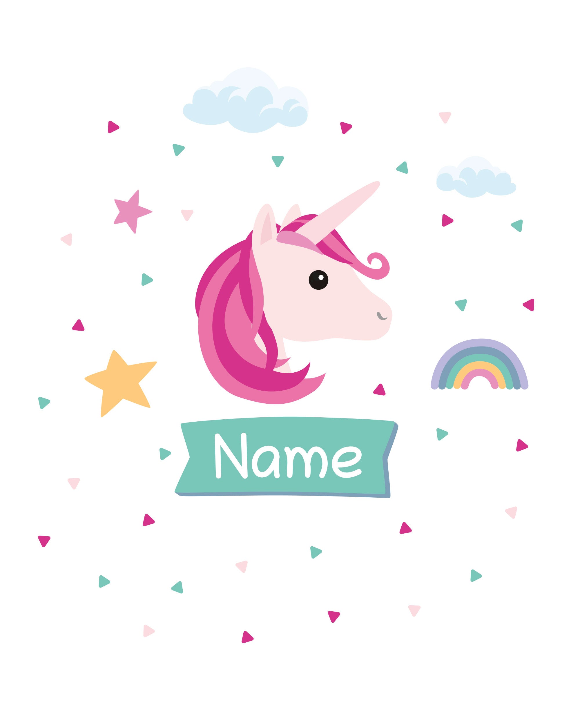 Personalisierbarer Türaufkleber mit Einhornmotiv für Kinderzimmer, bunte und verspielte Wanddekoration für Kinderzimmer.