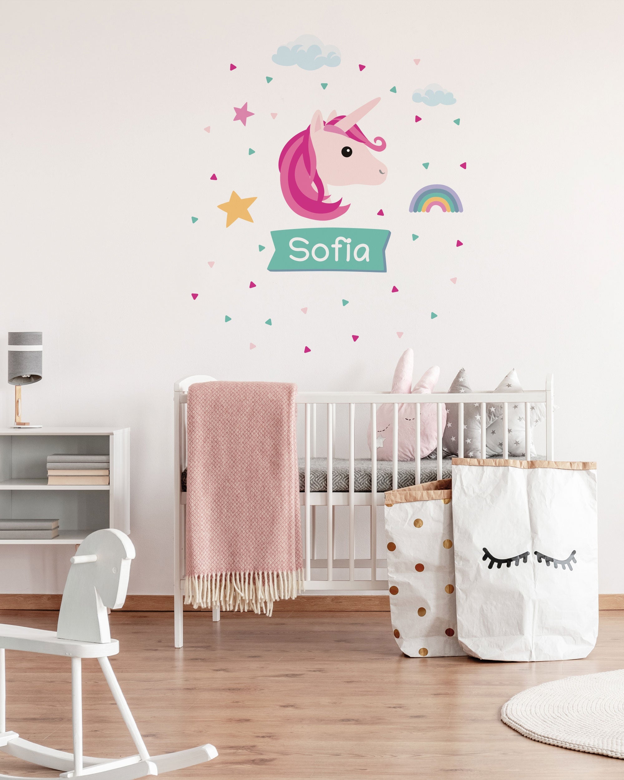 Individueller Türaufkleber mit Einhornmotiv für Kinderzimmer, farbenfrohes Wandtattoo, einfach anzubringen, von aufkleberdrucker.de