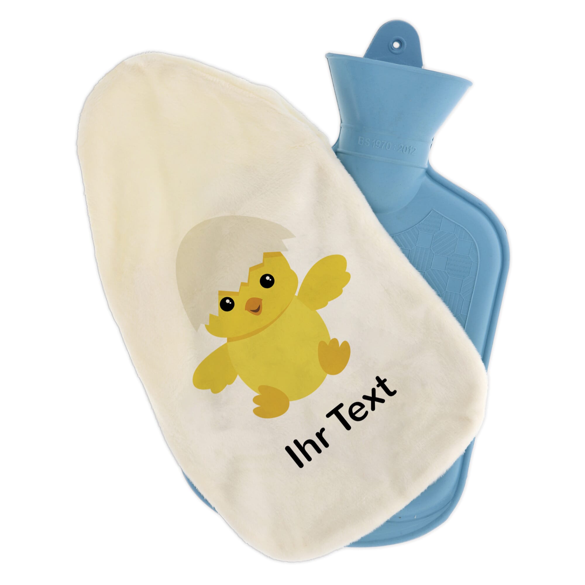 Personalisierte Wärmflasche mit Kükemotiv und Namen, weich gefüllt, ideal für Kinder und warmes Kuscheln.