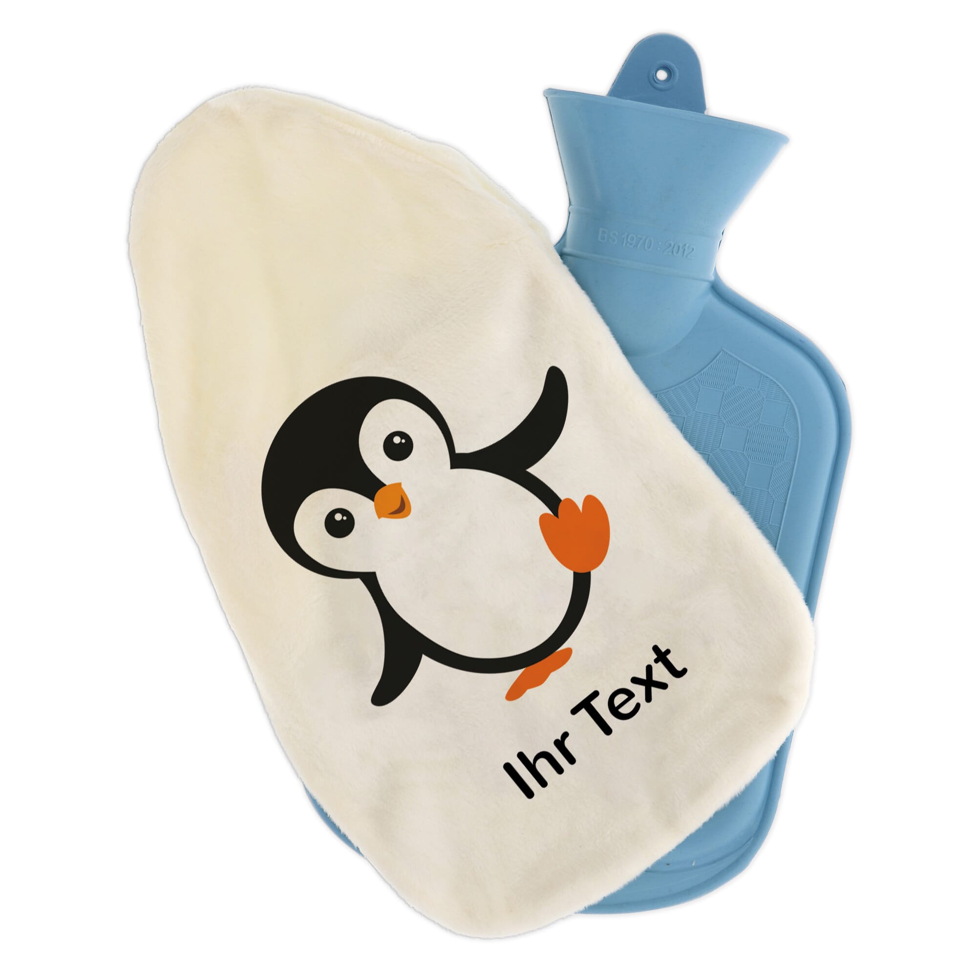 Personalisierte Wärmflasche mit Pinguin-Motiv und Namen, kuscheliges Heizelement für Kinder, von gravur-fabrik.de