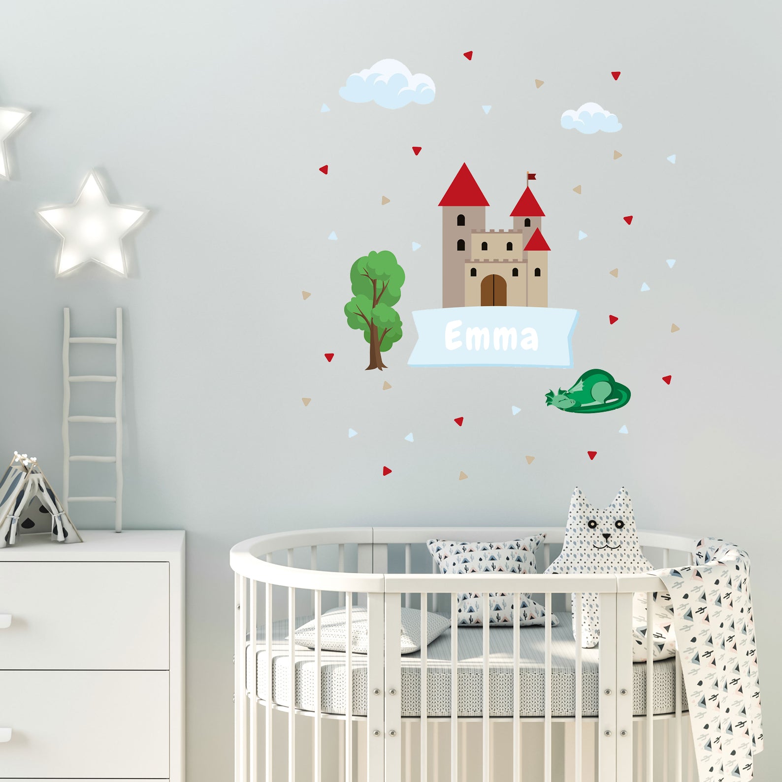 Individualisierbarer Wandtattoo-Türaufkleber mit Burgmotiv für das Kinderzimmer, von aufkleberdrucker.de
