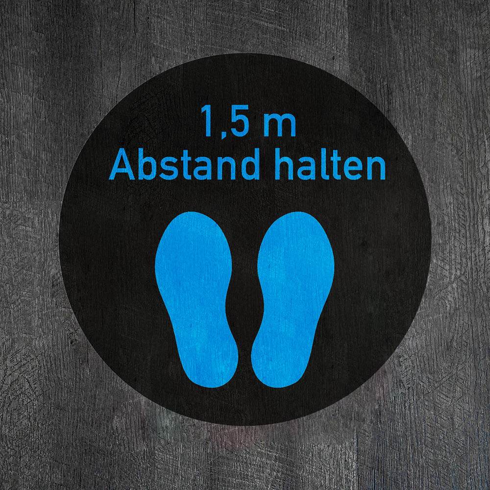 Blauer Fußbodenaufkleber mit 1,5 m Abstand halten, 300x300 mm, für soziale Distanz auf Bodenflächen.