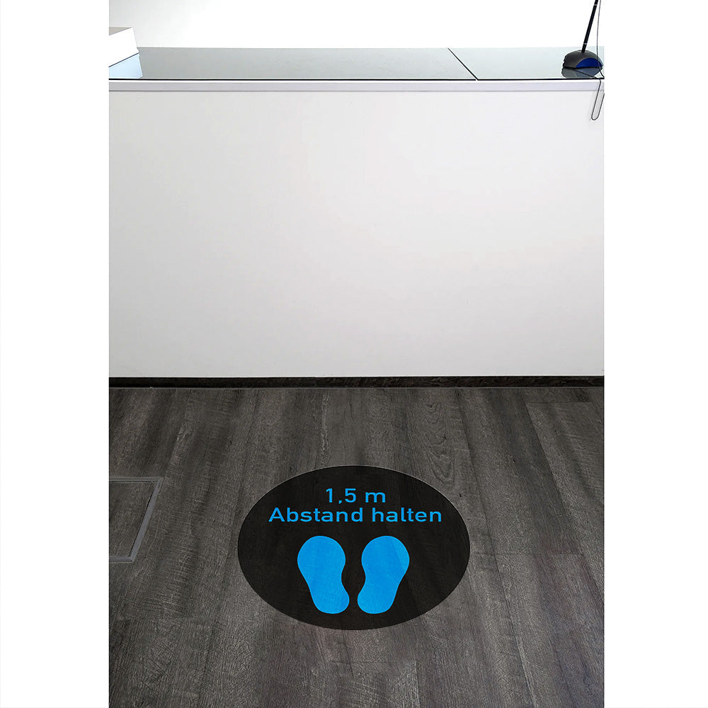 Blauer Fußbodenaufkleber mit 1,5 m Abstand halten, 300x300 mm, für soziale Distanz auf glatten Böden.
