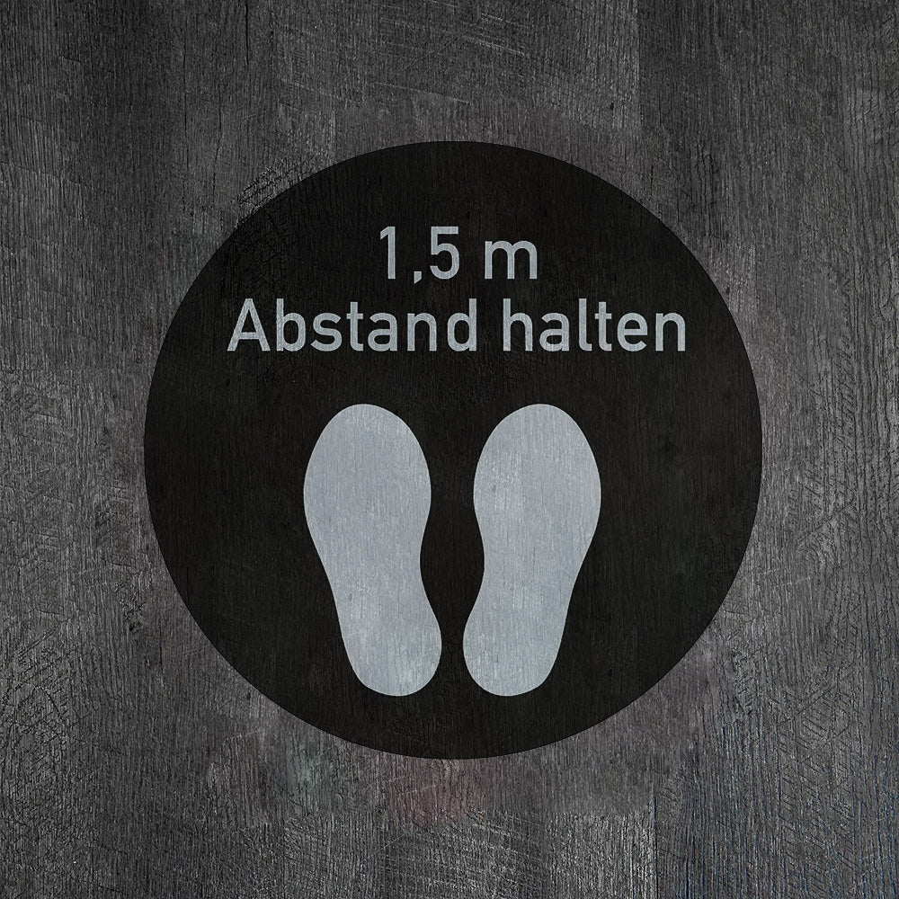 Grauer Fußbodenaufkleber mit 1,5 m Abstand halten, 30x30 cm, aufkleberdrucker.de, für soziale Distanz auf Böden