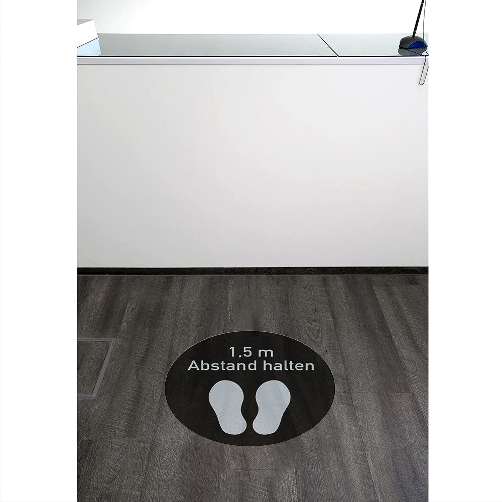 Grauer Fußbodenaufkleber mit 1,5 m Abstand halten, 300x300 mm, für soziale Distanz auf Böden, von aufkleberdrucker.de
