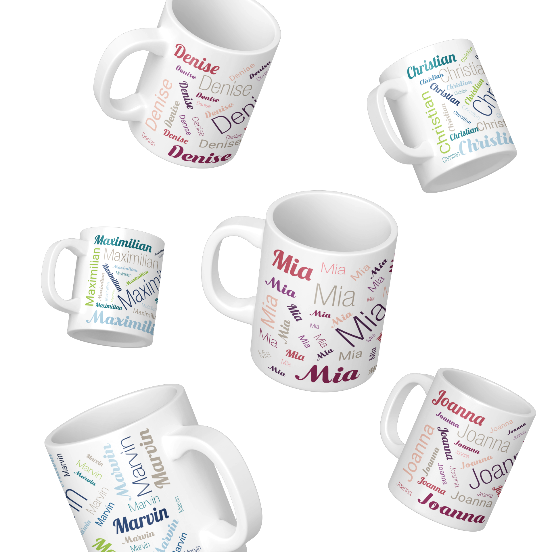 Blaue und rote Keramiktasse mit individuellem Namen, personalisiert von aufkleberdrucker.de, auf weißem Hintergrund.