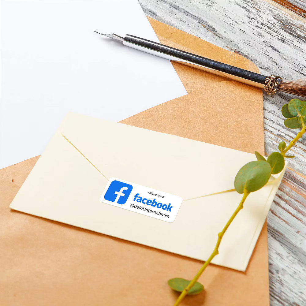 Individueller Facebook Social-Media Aufkleber, Set mit 72 Stück aufkleberdrucker.de, 60x20 mm, auf Papierbogen.