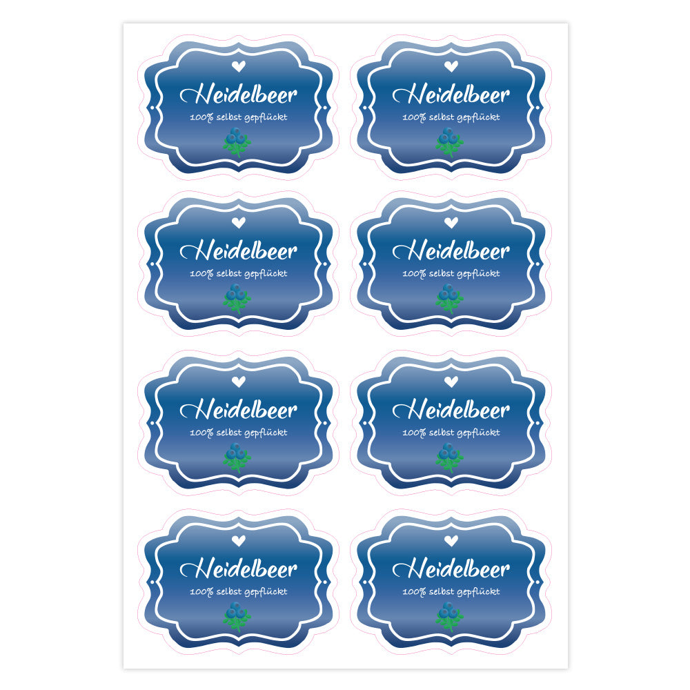 Heidelbeermarmelade Aufkleber im Set mit 3 Bögen, blau-lila Heidelbeer-Motiv, ideal für Küchen und Gläser, aufkleberdrucker.de
