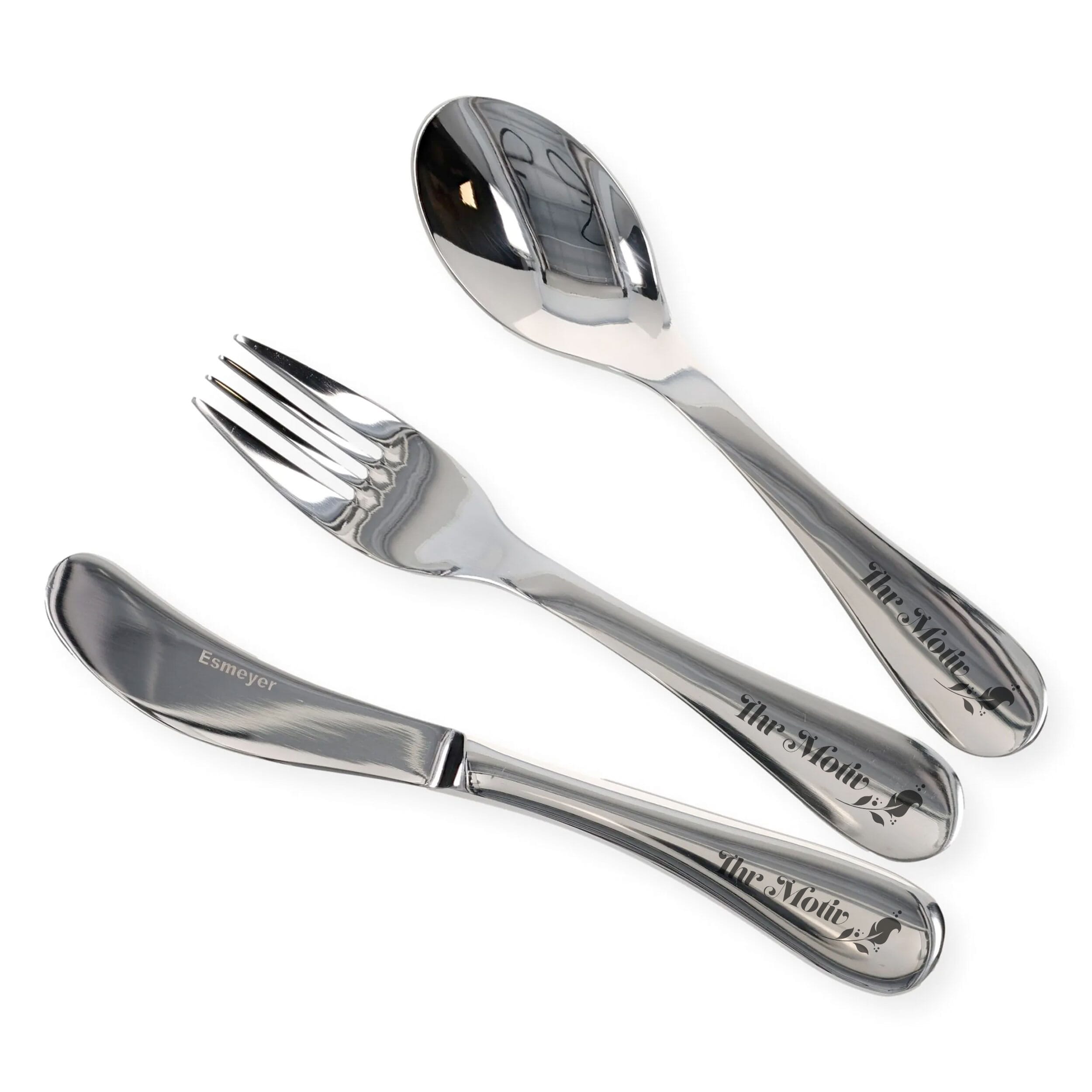 Kinderbesteck 3-teilig von Esmeyer mit Gravur, inklusive Messer, Gabel und Löffel, aus Edelstahl, kindgerecht gestaltet.