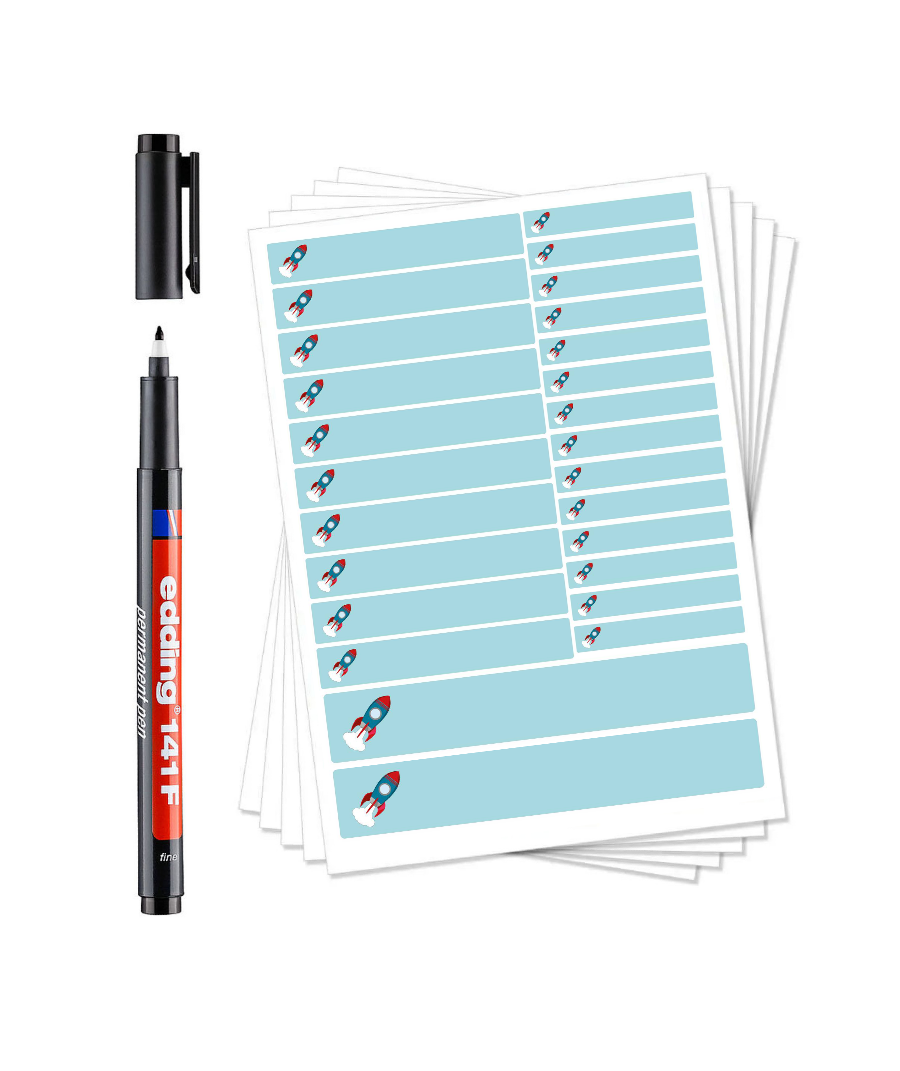 Blauer Raketen-Namensaufkleber Bogen mit Permanent Marker und Laminat, ideal zum Selbstbeschriften, aufkleberdrucker.de