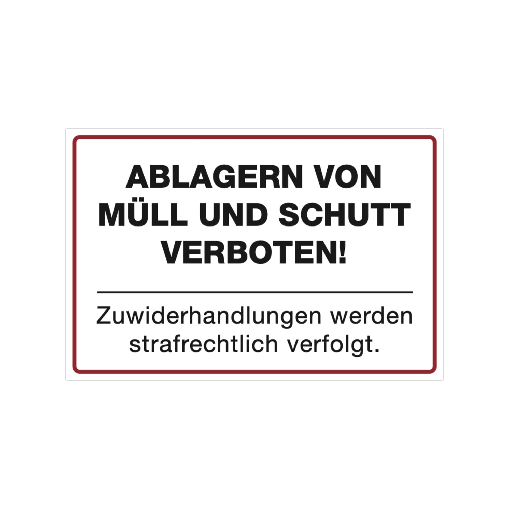 Drei weiße Aufkleber "Ablagern von Müll und Schutt verboten" 300x200 mm, umweltfreundliche Kennzeichnung, auf glatter Oberfläche.