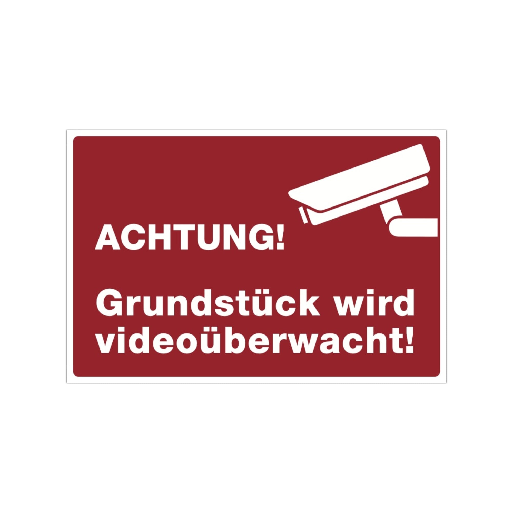 Drei rote Aufkleber mit „Achtung! Grundstück wird videoüberwacht“ in Signalrot, 300x200 mm, auf einem weißen Hintergrund.