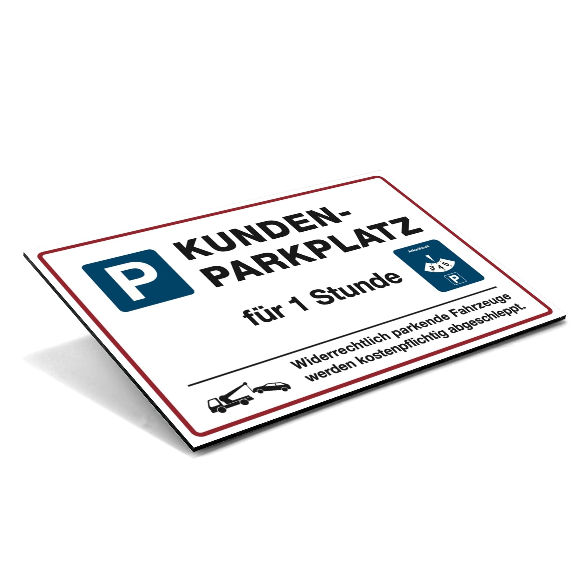 Weißer Aluminium-Verbundschild mit "Kunden-Parkplatz" für maximale Parkdauer, 300x200x4 mm, zeigt das Schild im Bild.