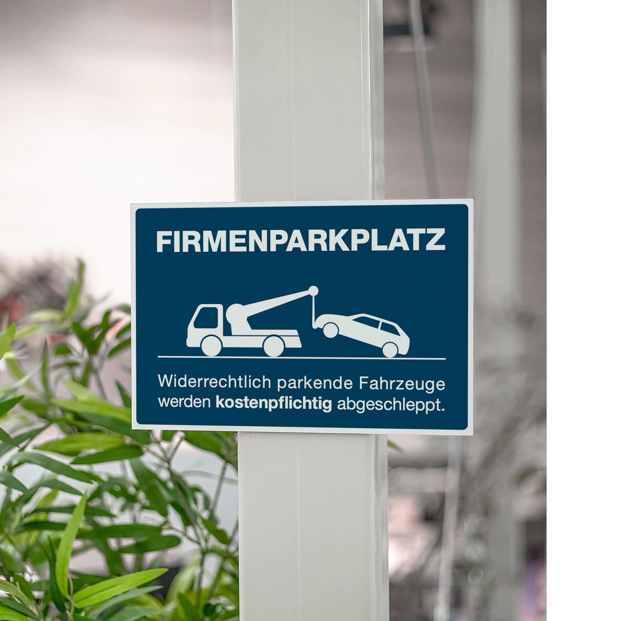 Aluminium-Verbundschild für Firmenparkplatz in Blau, 200x300x4 mm, mit klarer Beschriftung und wetterfester Oberfläche.