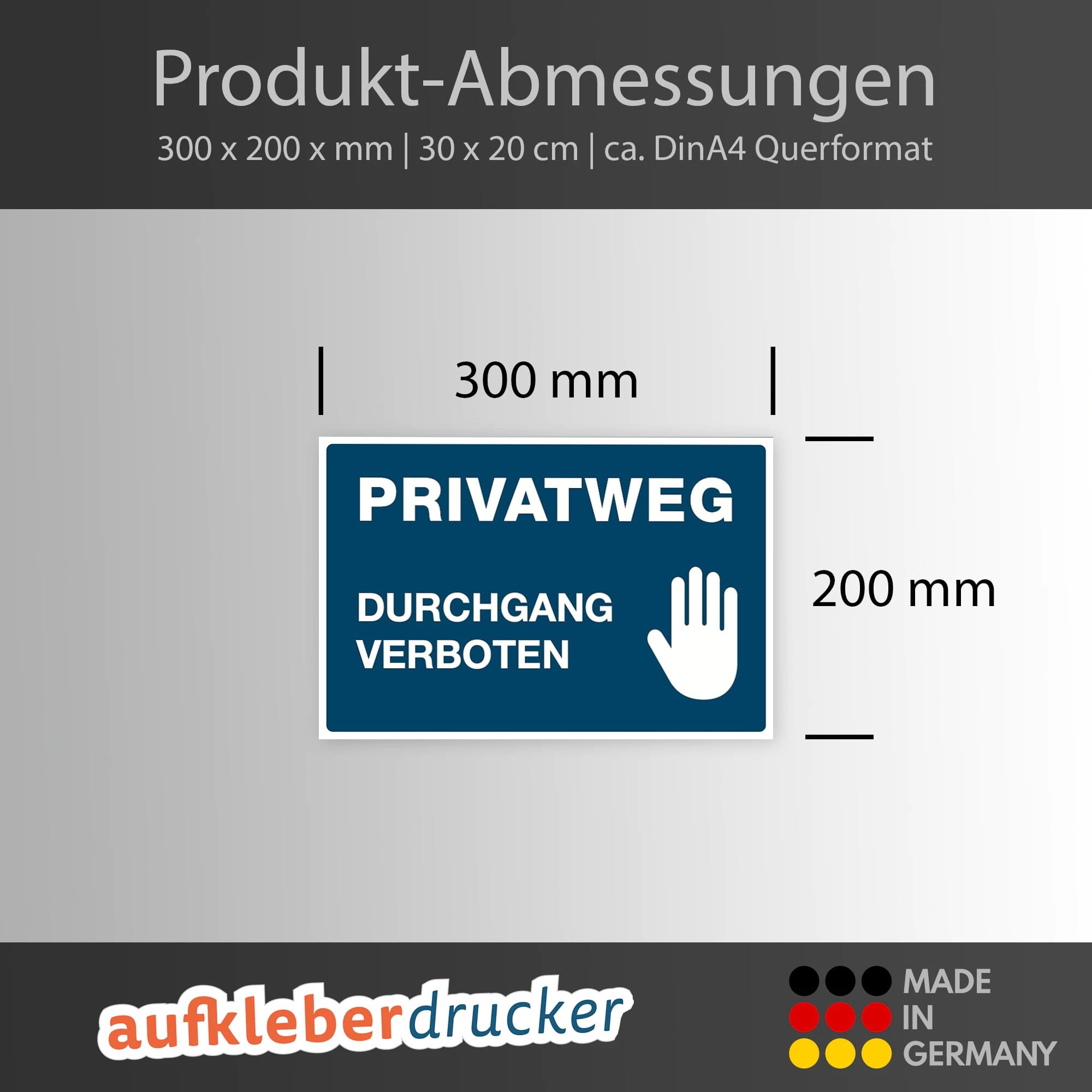 Blauer Aluminium-Verbundschild "Privatweg - Durchgang Verboten" mit 300x200x4 mm, reflektierende Beschriftung auf Bild.
