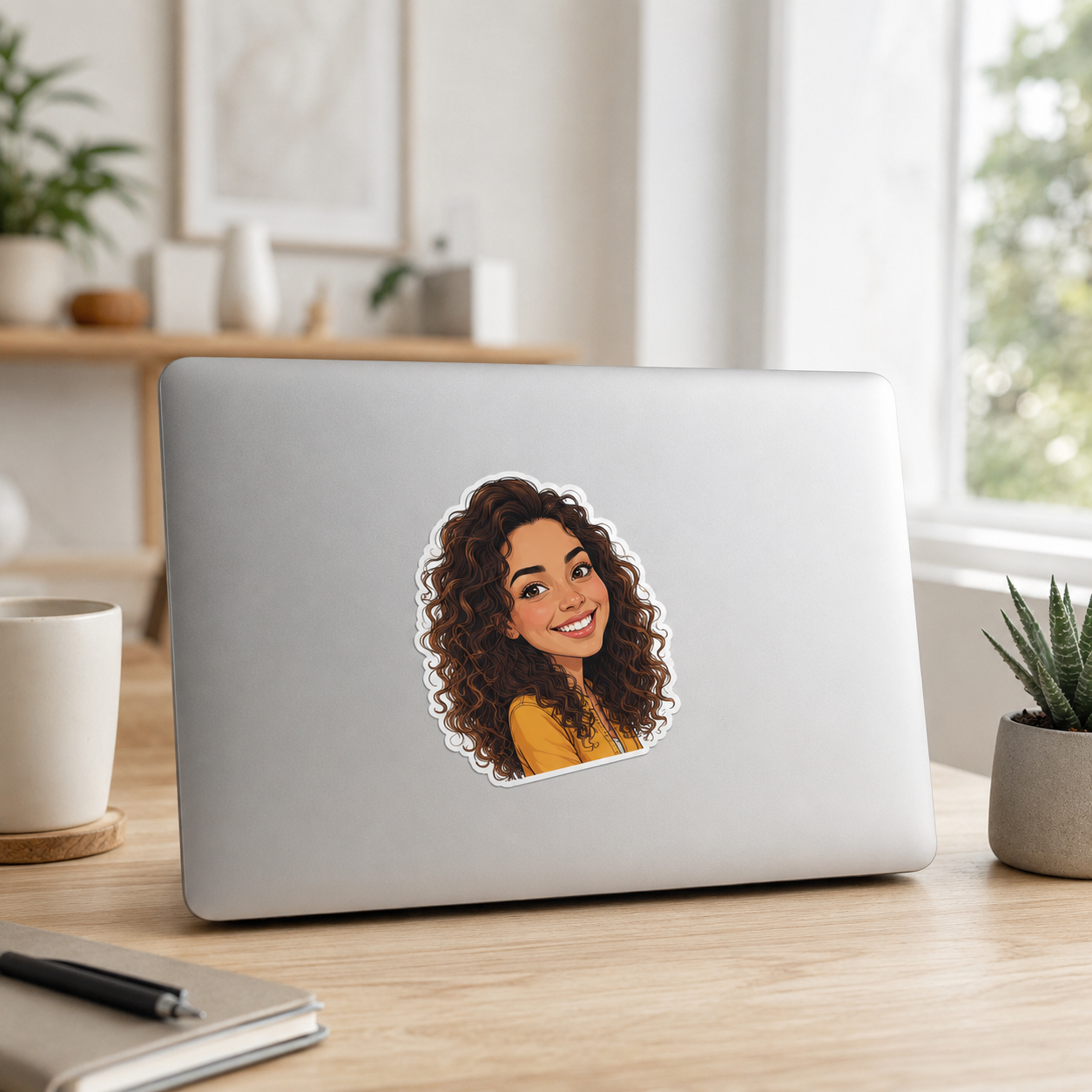 Personalisierter konturgeschnittener Illustration-Aufkleber mit Karikatur-Motiv auf Laptop sichtbar, hergestellt von aufkleberdrucker.de